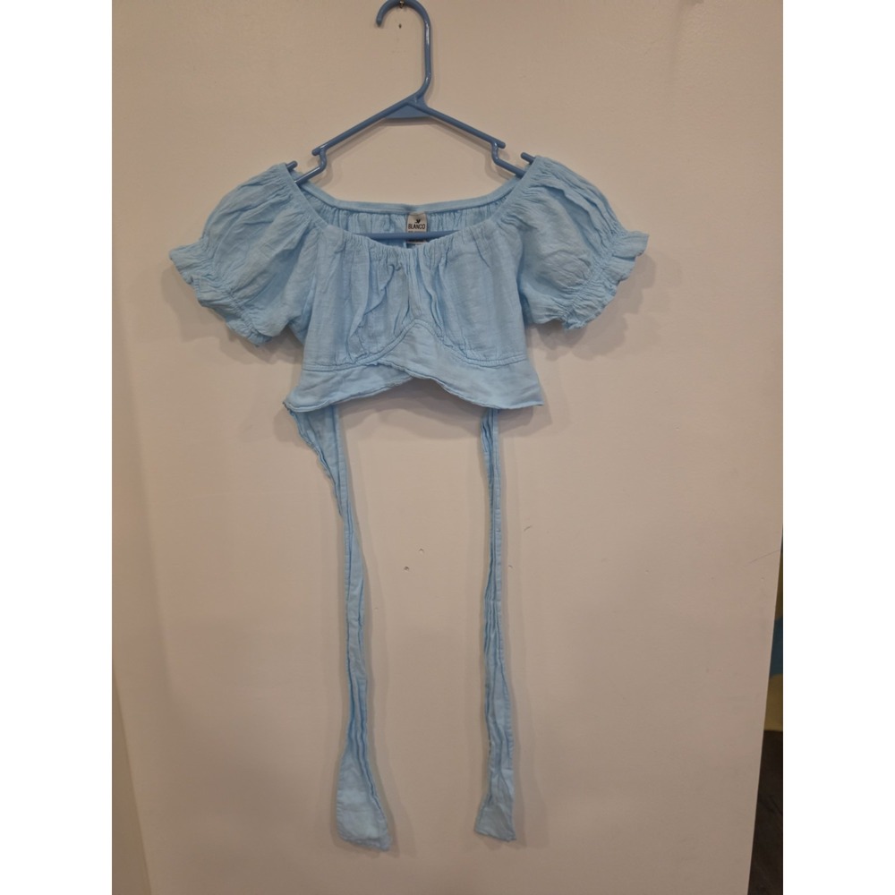 Blanco Puff Sleeve Crop Top Size M Blue Cotton Festival Boho Hippie Retro Chic